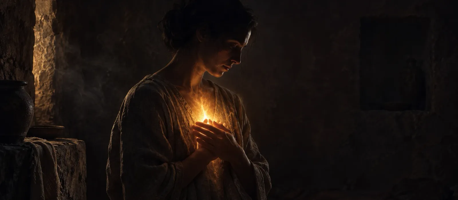 A solitary figure tending a golden flame that glows from within the chest in a dark, earthen room.
