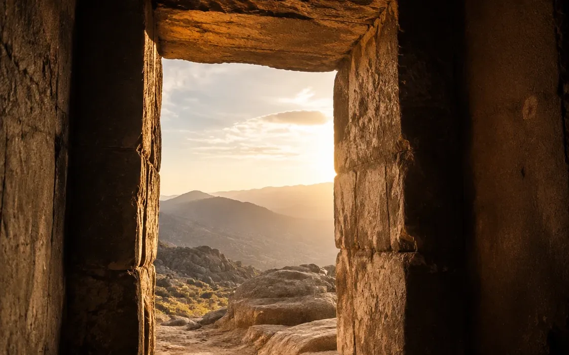 Natural light entering a rough stone doorway.