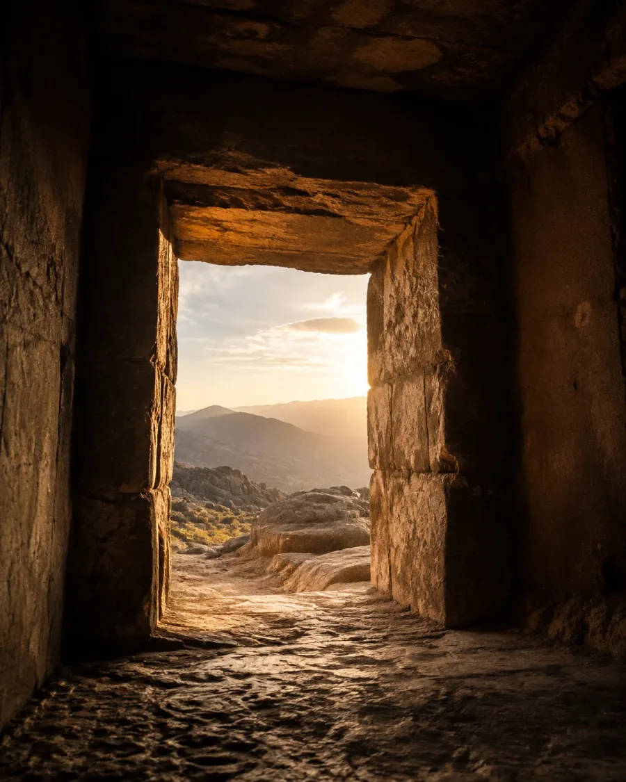 A weathered stone doorway opening onto a sunlit mountain landscape.