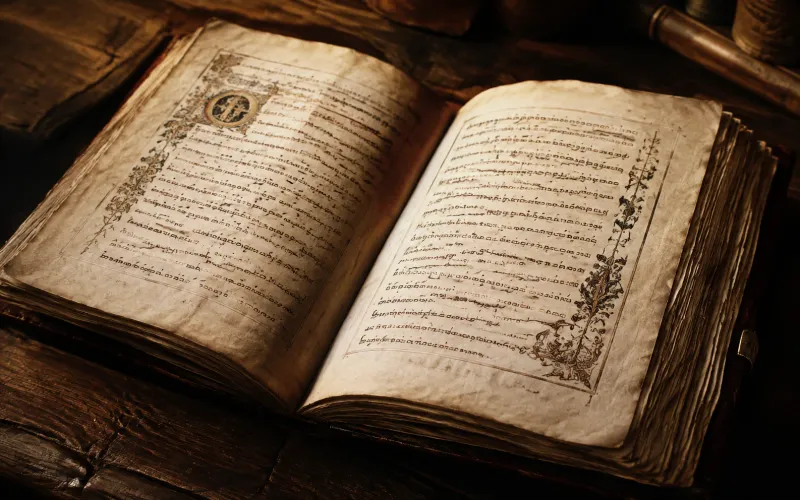 An open, illuminated manuscript in warm light; an editorial illustration of ancient scholarship.