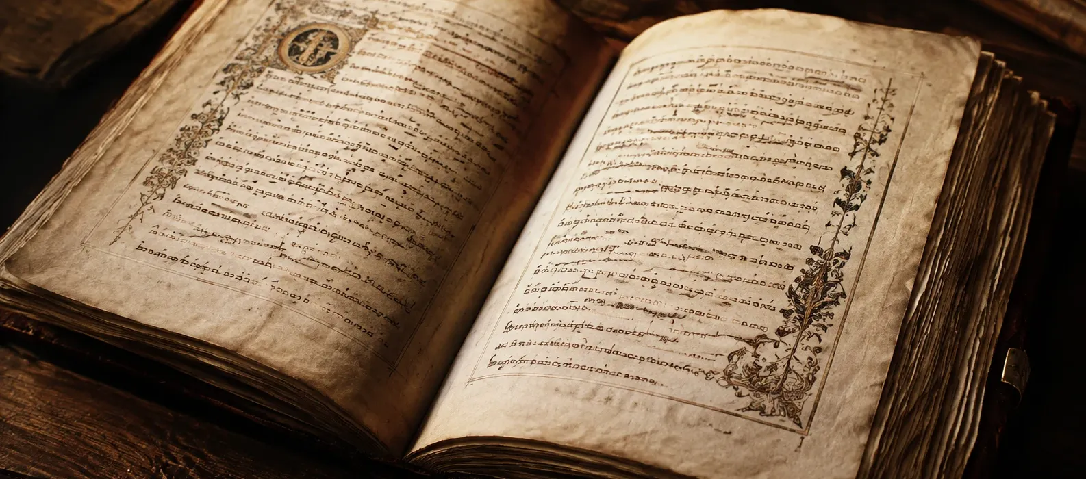 An open manuscript, its pages lit against a dark background.